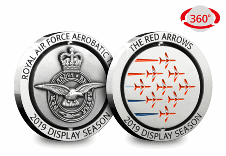Celebrating the Red Arrows 2019 Display Season, this Medal is a WORLD FIRST, featuring the Red Arrows in the famous Diamond Nine formation, spins 360 degrees. Silver-plated to an antique finish.