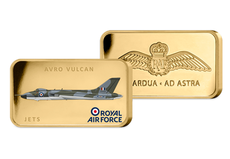 The Avro Vulcan Gold-Plated Ingot features a full colour image of the iconic aircraft. The reverse features an engraved RAF Wings logo with their motto. Your medal has been plated in 24 Carat Gold.