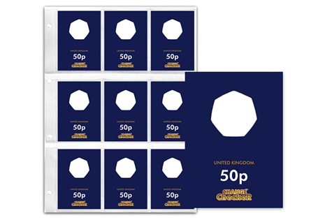 1 x Additional Change Checker PVC page and 9 x Premium
Protective Collecting cards for Pre-1997 UK 50p coins in the larger
specification.