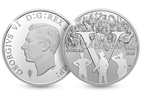 This Silver Proof dollar is issued by The Royal Canadian Mint to mark the 75th anniversary of VE Day. Your coin is struck in 99.99% silver and comes in an official Royal Canadian Mint box.