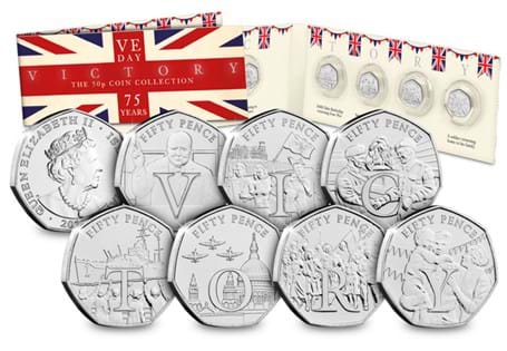 2020 commemorates the 75th anniversary of VE Day. This set features 7 50p coins each reflecting a different scene from VE Day itself. The coins also spell out VICTORY. Struck to a BU finish