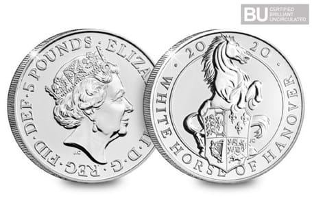 This 2020 UK White Horse of Hanover £5 is the eighth coin in The Royal Mint's Queen's Beasts Collection. Comes protectively encapsulated Official Change Checker packaging and certified as BU quality.