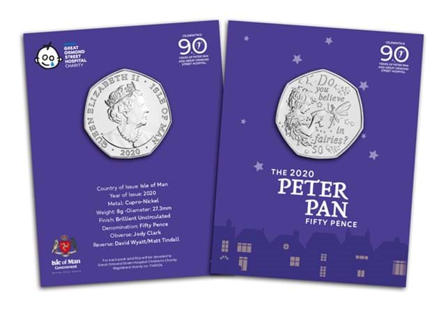 The 2020 Official Peter Pan 50p Coin Obverse and Reverse in display card