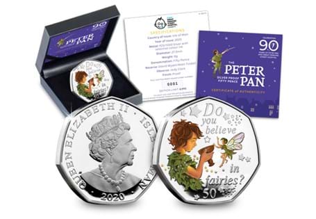The 2020 Peter Pan Silver Proof 50p features an illustration of Peter Pan and Tinkerbell along with the quote 'Do you believe in fairies?', created by David Wyatt. The coin is struck from .925 silver