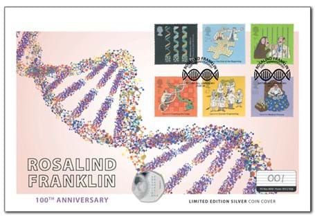 This cover brings together The Royal Mint's UK 2020 Rosalind Franklin Silver Proof 50p & Royal Mail's Secret of Life & Molecular Structures stamps, postmarked with the 100 year anniversary, 25.07.20