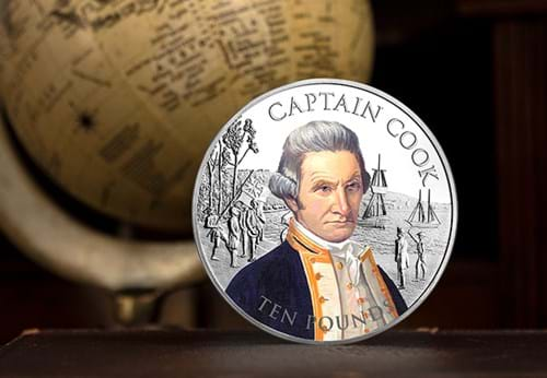 2020 Captain Cook 5oz Silver Proof with Colour Reverse in front of globe