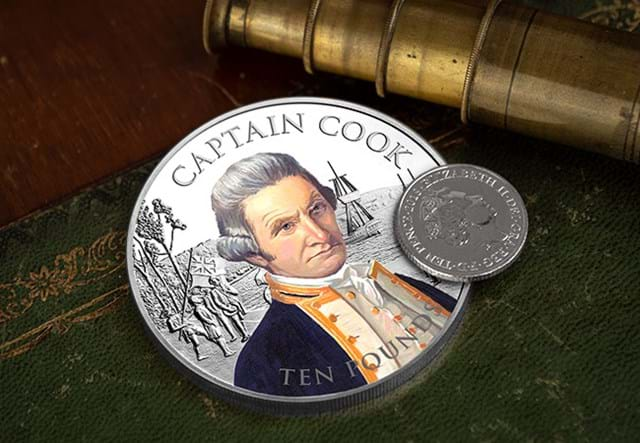 2020 Captain Cook 5oz Silver Proof with Colour Reverse in comparison with 10p