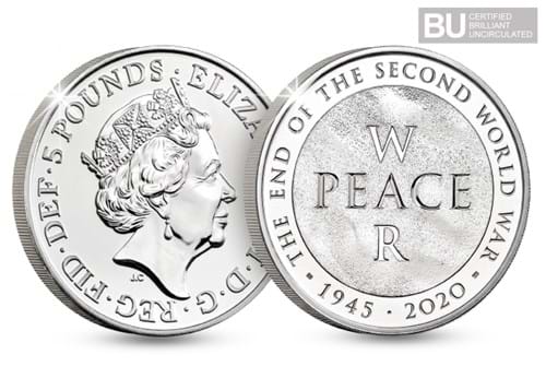 75th Anniversary of the End of the Second World War 2020 UK 5 Brilliant Uncirculated Coin obverse and reverse