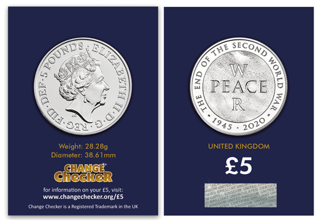 75th Anniversary of the End of the Second World War 2020 UK 5 Brilliant Uncirculated Coin both sides in Change Checker packaging