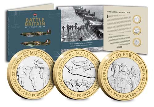 2020 Battle of Britain 80th Anniversary £2 Set all 3 reverses in forefront and pack in background