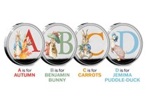 The Official Beatrix Potter Commemoratives feature iconic Beatrix Potter characters alongside A, B, C and D. Struck to Proof-like finish. Obverse features the Official Beatrix Potter Logo.