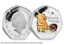 The official Winnie the Pooh 50p issued by The Royal Mint. Struck from silver to proof finish. Features a colour image of Winnie the Pooh. Comes in Royal Mint presentation box with CoA. EL 18,000.