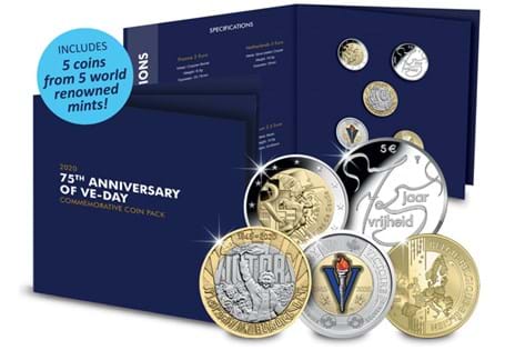 This VE-Day Allied Nations Coin Pack includes 5 2020 VE-Day anniversary themed coins from allied nations - UK, Netherlands, Belgium, Canada, and France.