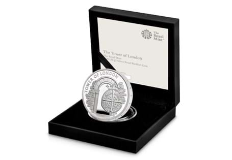 This is the official Royal Mint £5 coin issued by The Royal Mint as part of the Tower of London collection. It has been struck from .925 Silver to a Piedfort specification and proof finish.