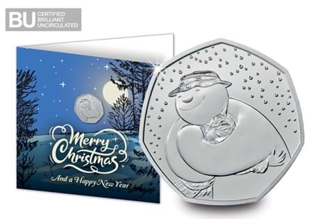 Own the 2020 UK Snowman CERTIFIED BU 50p presented on a Christmas Card