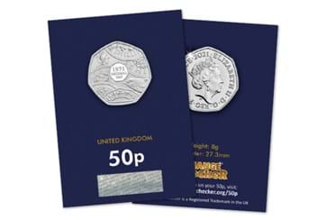 2021 UK Decimal Day CERTIFIED BU 50p reverse and obverse in Change Checker packaging