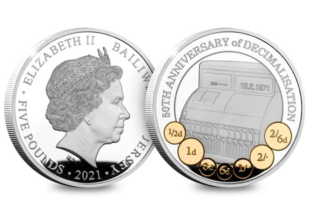 2021 Jersey Silver with Gold-plate 5 Decimalisation 50th Obverse and Reverse