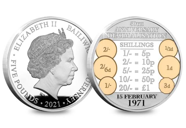 2021 Guernsey Silver with Gold-plate 5 Decimalisation 50th Obverse and Reverse