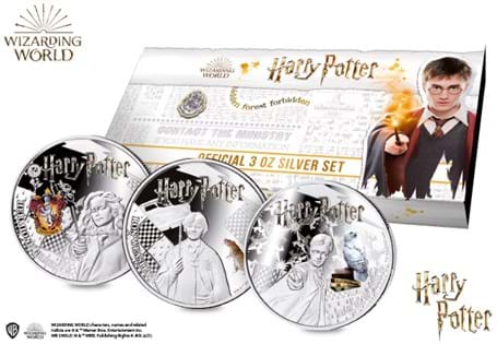 Your 2021 Samoa Harry Potter .999 Silver Proof 1oz Three Coin Set is limited to only 1,000 sets worldwide. This set features Harry Potter, Hermione and Ron in colour.