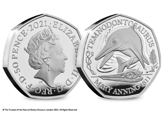 UK 2021 Temnodontosaurus Silver Proof 50p Obverse and Reverse