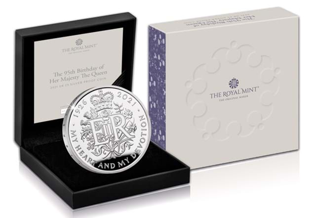 UK 2021 Queen's 95th Birthday Silver Proof £5 in display box next to packaging