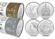 This 50 cent Special Wrap Circulation Roll Pair has been issued by the Royal Canadian Mint to celebrate the 100th anniversary of the Coat of Arms. Each roll contains 25 coins.