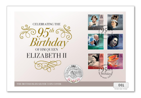 Your British Isles Queen Elizabeth 95th Birthday Silver Coin Cover features the 2021 Jersey QEII 95th Birthday 6v Stamp Set, alongside the Jersey 2021 95th Birthday Silver £5 coin. Limited to 495. 
