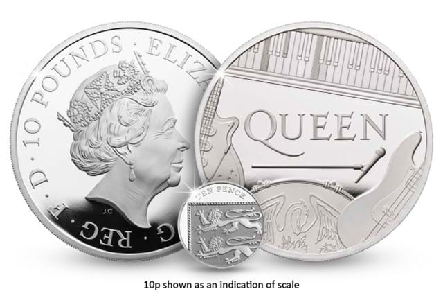 UK 2020 Queen 5oz Silver-Proof Coin comparison with 10p