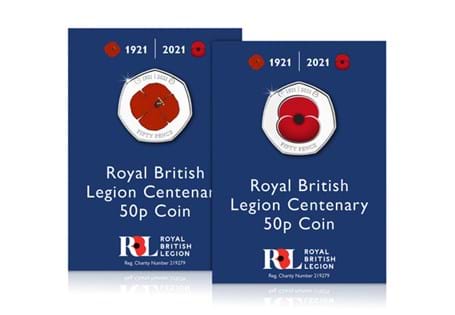 Your RBL Centenary 50p pair are struck to a Brilliant Uncirculated condition. One of the 50p coins features the modern day Poppy, and the other features the first Remembrance Poppy from 1921. 