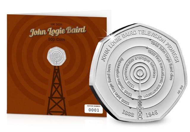 2021 UK John Logie Baird 50p Display Card display card and reverse