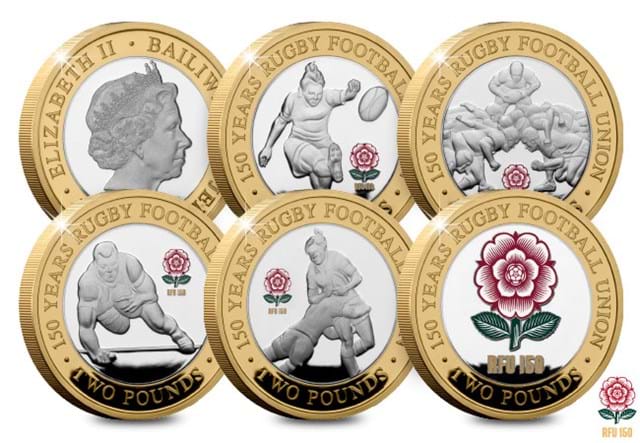RFU 150th Anniversary Silver Proof £2 Set All Coins 1 Obverse 5 Reverse