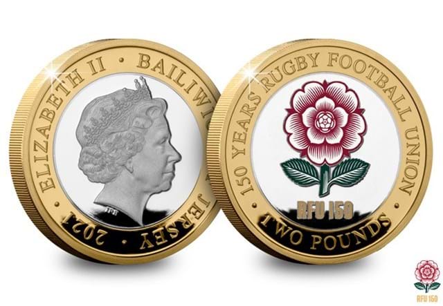 RFU 150th Anniversary Silver Proof Official RFU 150th Anniversary Rose Logo £2 Obverse and Reverse