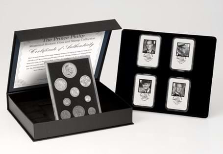 Mark the life of Prince Philip, Duke of Edinburgh with this collection of coins issued in his birth year, the 2017 Prince Philip BU £5 and the 2021 Prince Philip In Memoriam Stamps.