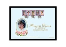 The Princess Diana 60th Birthday A4 Frame. This frame includes the GB 1998 Princess Diana Commemorative stamps, hand stamped with what would have been Princess Diana's 60th Birthday. EL 495.