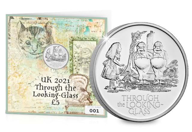 2021 UK Through Looking-Glass £5 Display Card alongside reverse