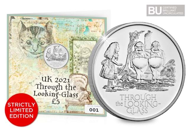 2021 UK Through Looking-Glass £5 Display Card alongside reverse, BU logo and STRICTLY LIMITED EDITION sticker