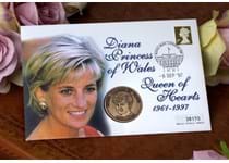 This First Day Cover issued in 1997 features a Princess Diana memorial medal. Also included is a postmark for the First Day of Issue, which was also the date of Princess Diana's funeral.