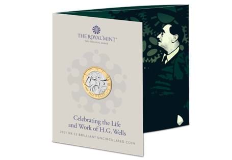 This is the official H.G. Wells £2 issued by The Royal Mint. It is struck from base metal to a Brilliant Uncirculated quality. It is presented in a stylish presentation pack from The Royal Mint.