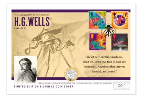 Own the coin cover marking 75 years since H.G. Wells' death, featuring the 2021 UK H.G. Wells Silver Proof £2 coin.
