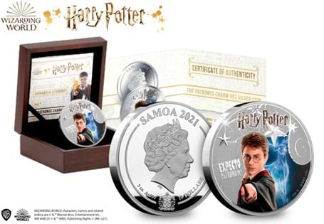 This stunning new 5oz Coin features both Harry Potter in full colour alongside a highly complex glow in the dark feature. In the dark a stunning image of Harry's Stag Patronus appears. EL: 399