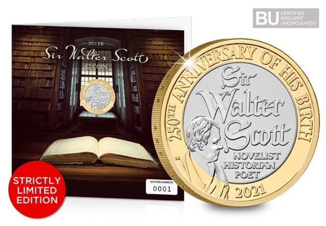 2021 UK Sir Walter Scott BU £2 Display Card beside reverse, BU logo and STRICTLY LIMITED EDITION sticker