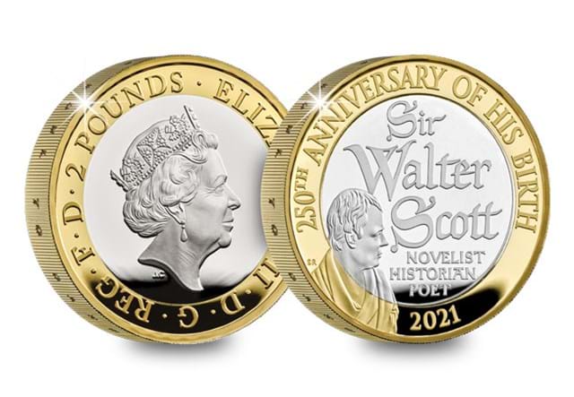 UK 2021 Walter Scott Silver Piedfort £2 Coin Obverse and Reverse