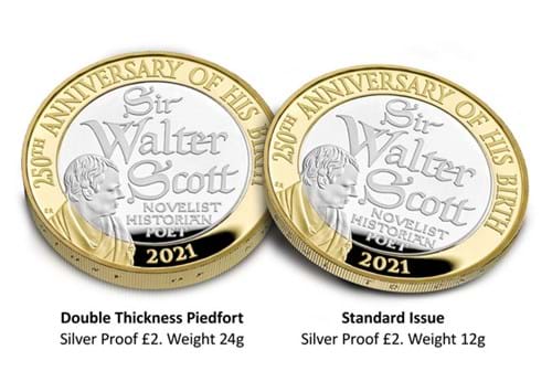 UK 2021 Walter Scott Silver Piedfort £2 Coin comparison