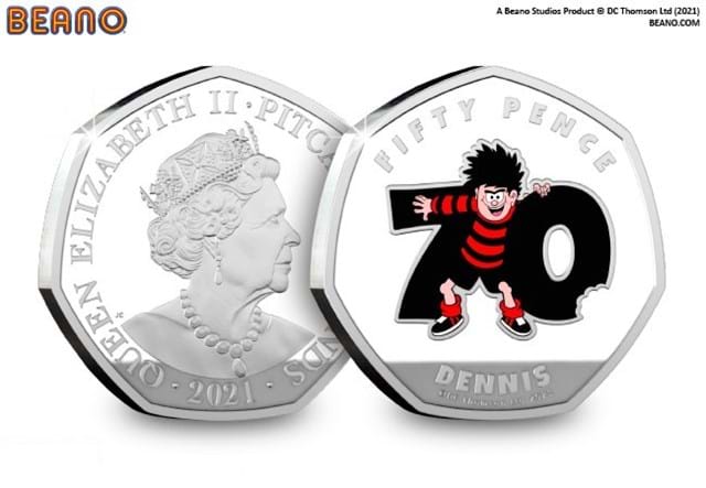 2021 Dennis's 70th Anniversary Silver 50p Coin Obverse and Reverse