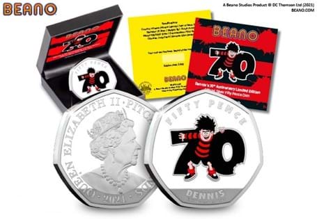 2021 marks the 70th Anniversary of everyone's favourite pesky duo Dennis and Gnasher. To celebrate a Silver Proof 50p has been issued by Pitcairn Islands. In small leather box. EL: 4,999