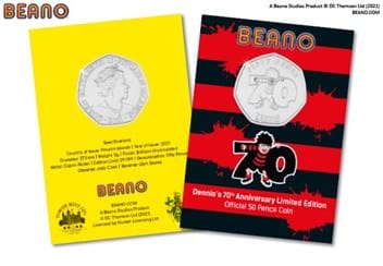 2021 Official Dennis's 70th Anniversary 50p both sides in packaging
