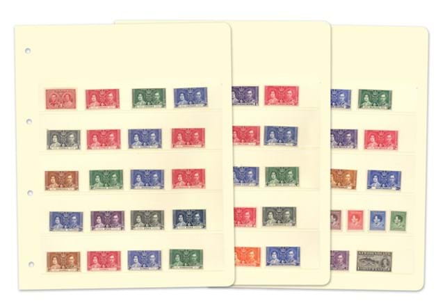 George IV 1937 Coronation stamps on three cream folder inserts