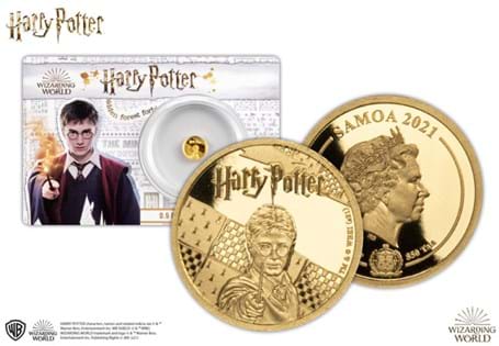 This Harry Potter coin features Potter himself on an 11mm diameter. Small gold coins have become a collecting phenomenon, much like Harry himself! Struck from .999 gold with an EL: 5,000.