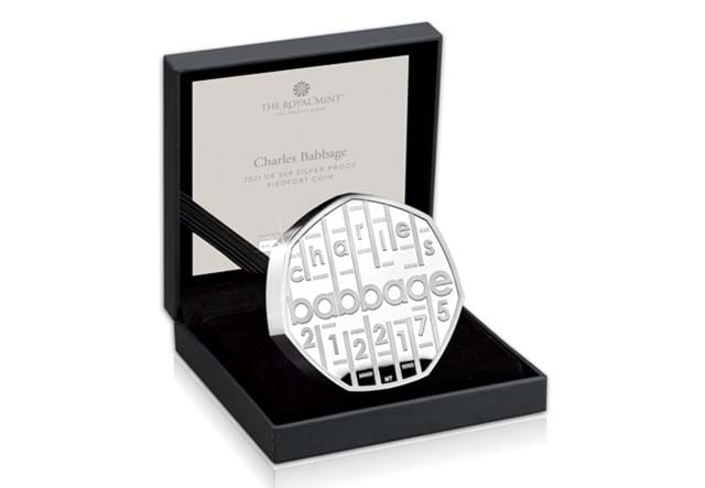 UK 2021 Charles Babbage Silver Proof Piedfort 50p Coin in Presentation Box