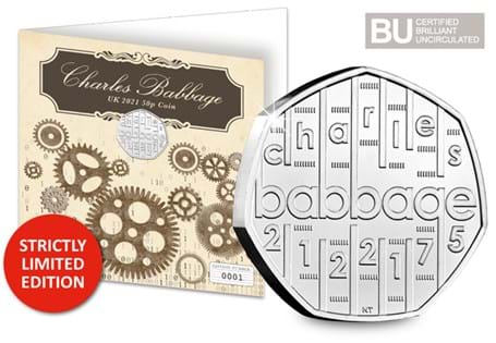 This exclusive Change Checker Display Card featuring themed artwork houses the UK 2021 Charles Babbage 50p which has been protectively encapsulated in Change Checker CERTIFIED BU Packaging.